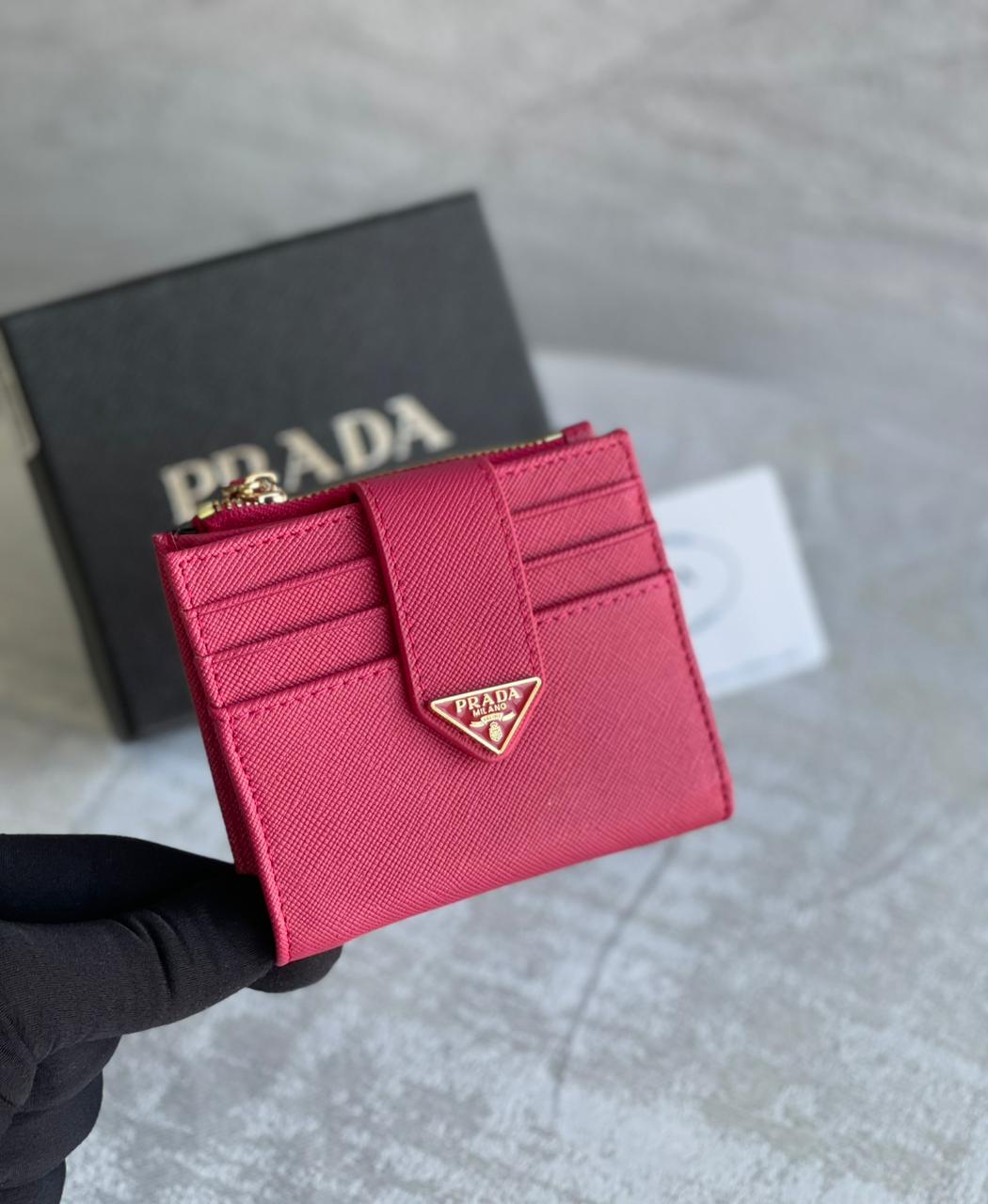 Prada Saffiano Leather Card Holder Wallet in Vivid Pink - Compact & Stylish