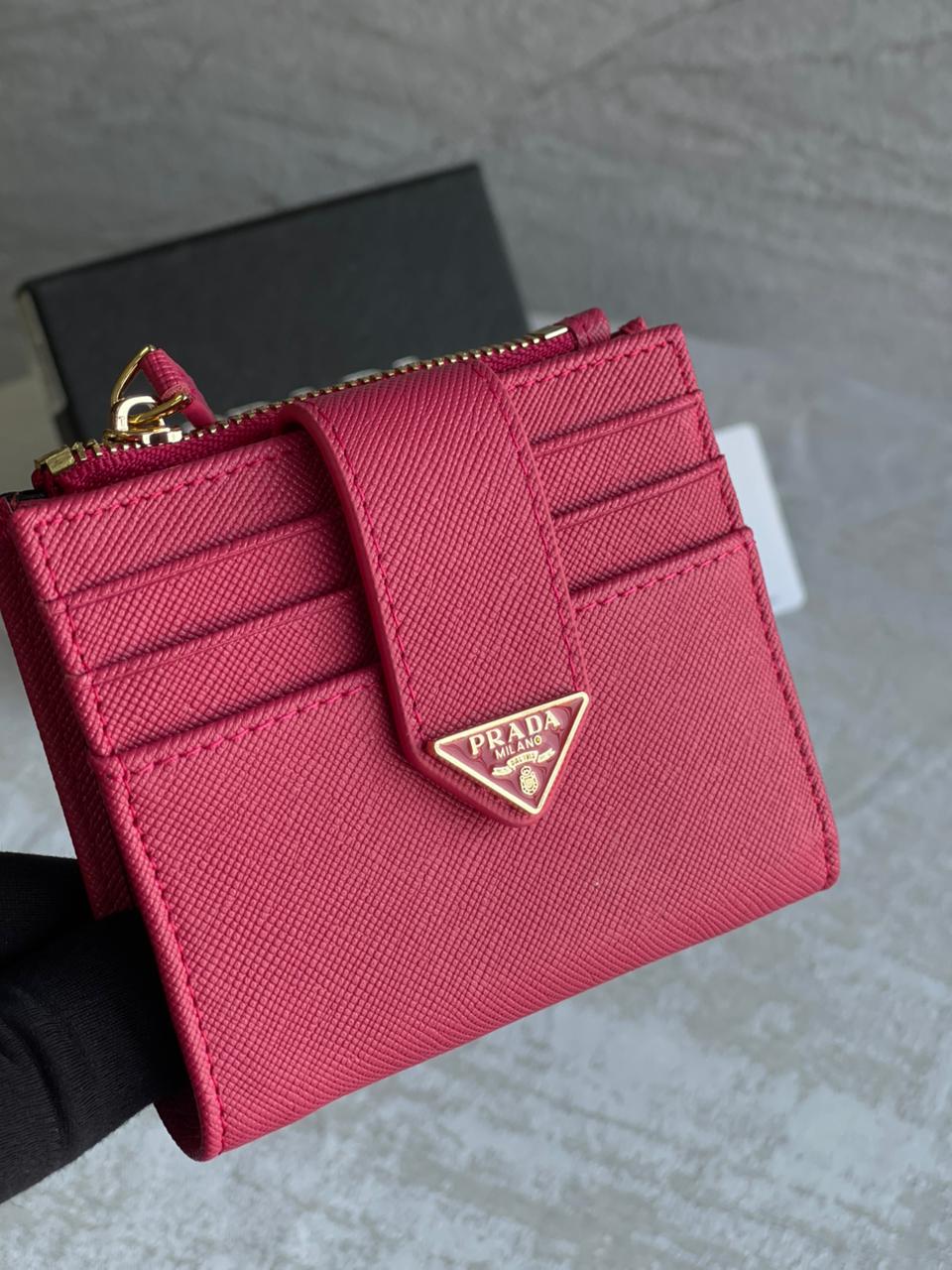 Prada Saffiano Leather Card Holder Wallet in Vivid Pink - Compact & Stylish