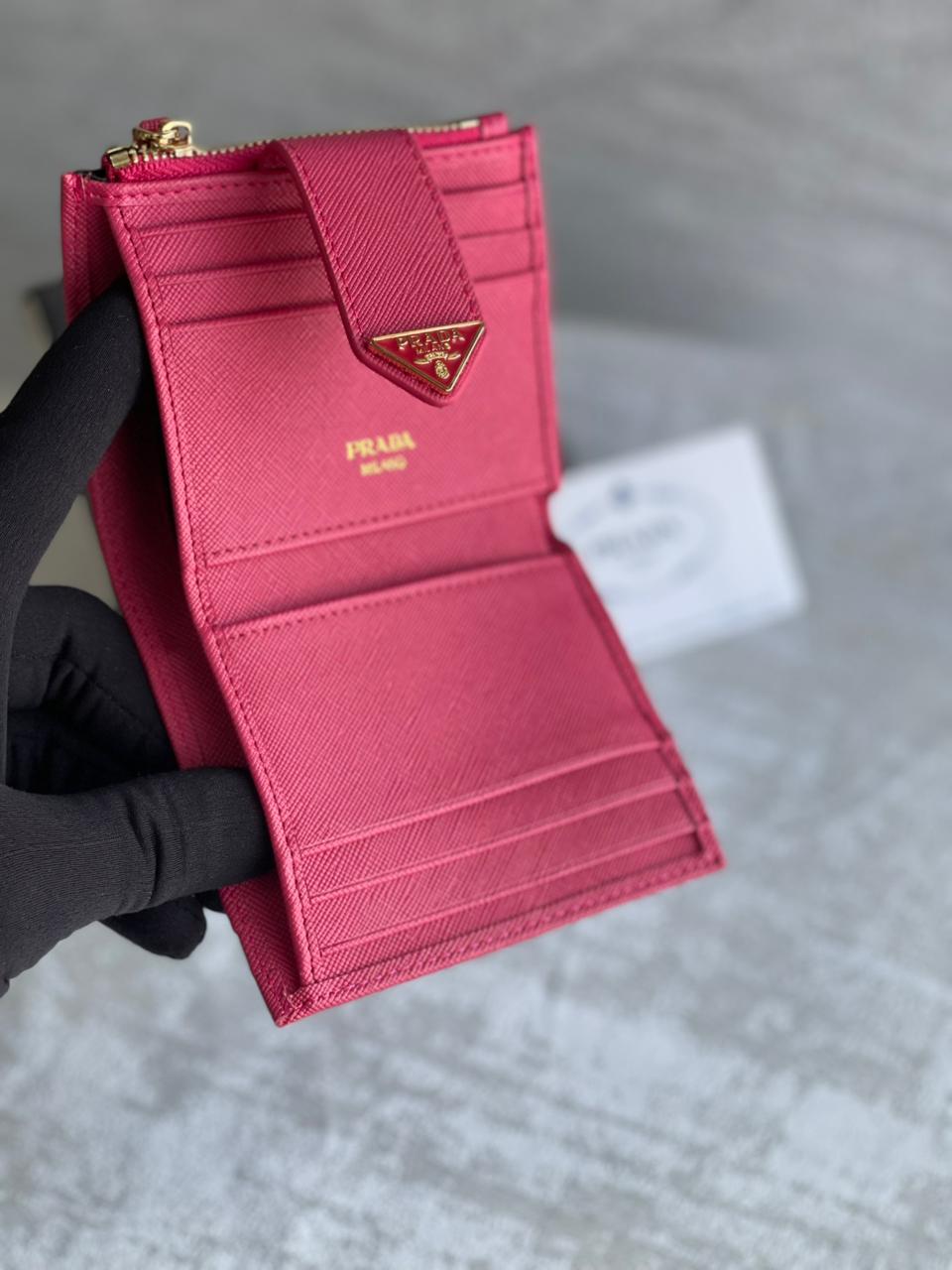 Prada Saffiano Leather Card Holder Wallet in Vivid Pink - Compact & Stylish