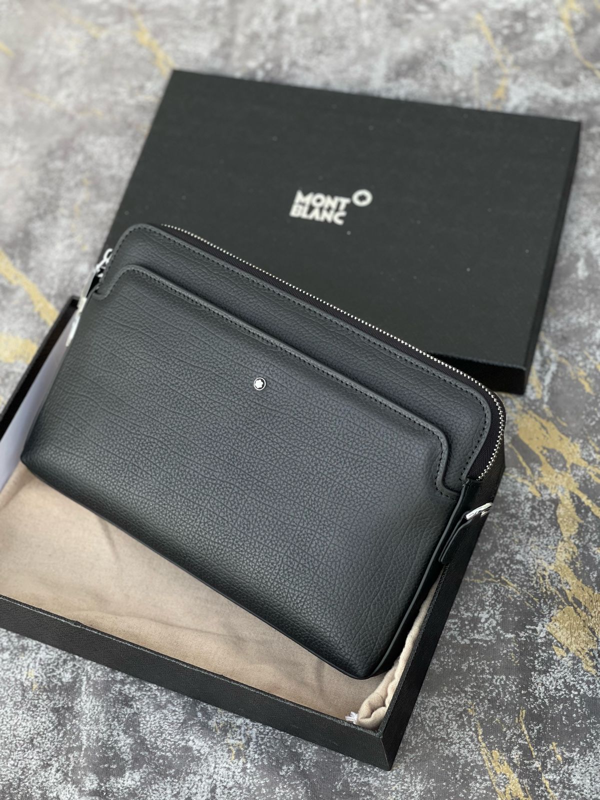 Montblanc Black Grained Leather Pouch/Organizer with Wrist Strap