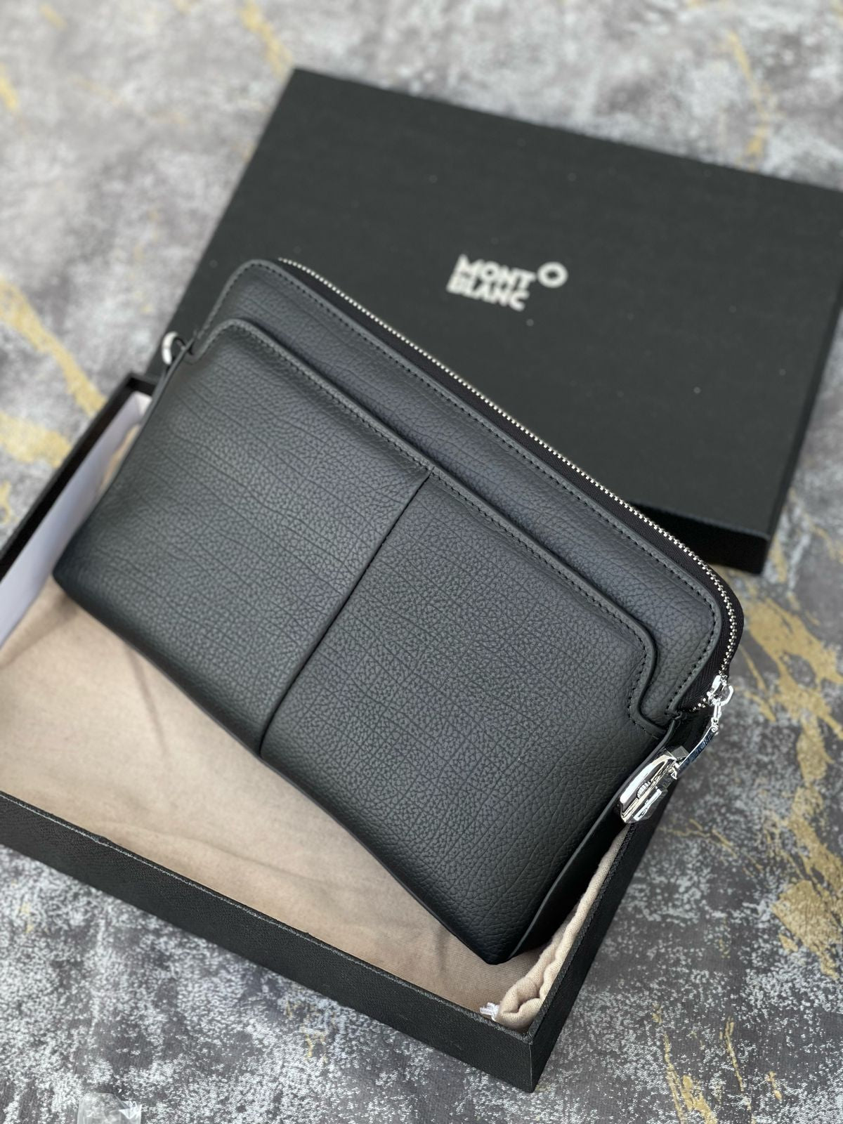 Montblanc Black Grained Leather Pouch/Organizer with Wrist Strap