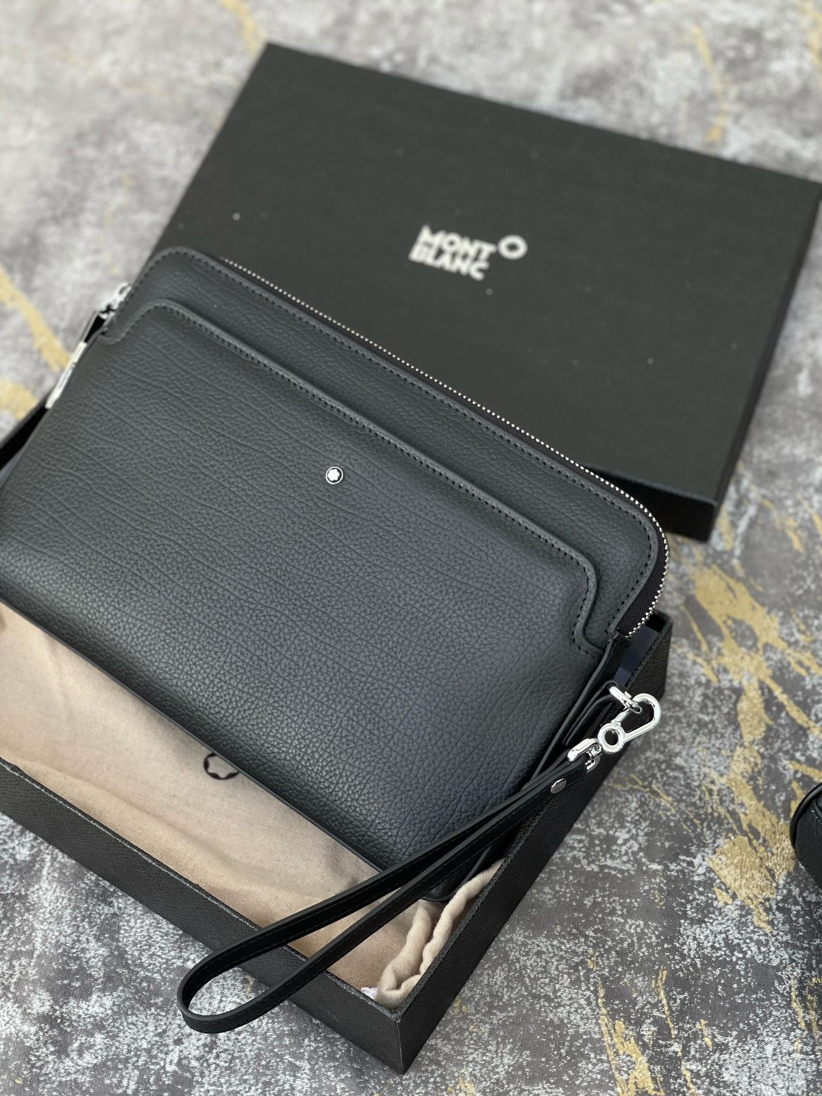 Montblanc Black Grained Leather Pouch/Organizer with Wrist Strap
