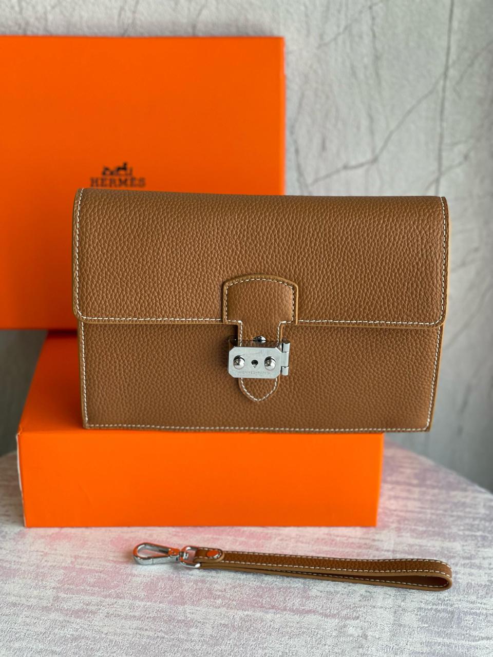 Hermes Brown Grained Leather Kelly depeches 25 Pouch/Wallet with Palladium Hardware