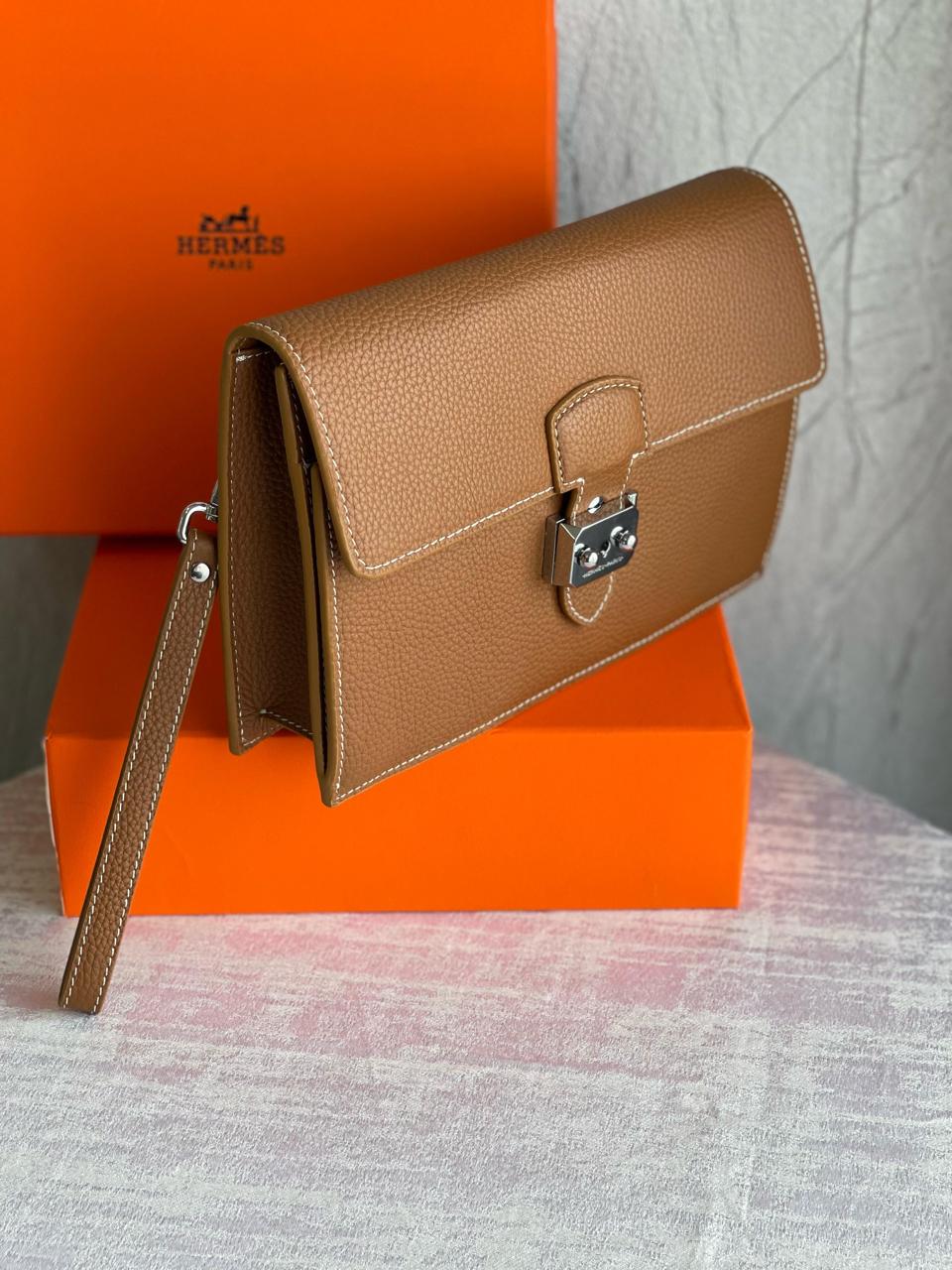 Hermes Brown Grained Leather Kelly depeches 25 Pouch/Wallet with Palladium Hardware