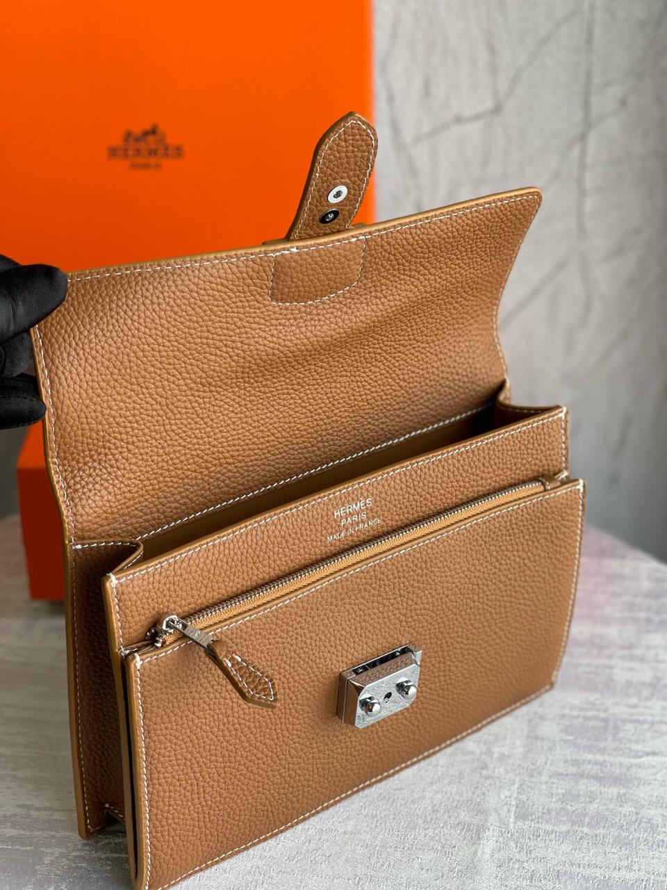 Hermes Brown Grained Leather Kelly depeches 25 Pouch/Wallet with Palladium Hardware